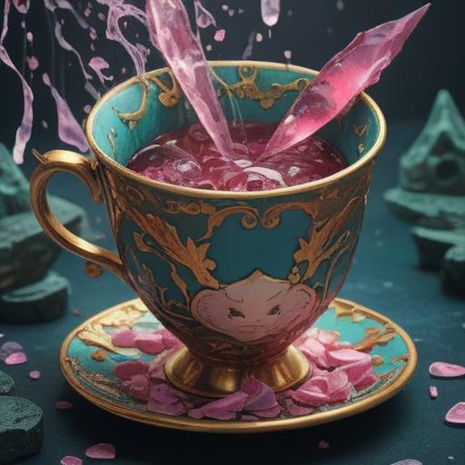 A broken teacup symbolizing transformation and renewal, a vibrant lucky charm emerging from the shards, soft light illuminating the scene, intricate details of the charm, elements of nature intertwining with the broken pieces, a sense of hope and positivity, colorful and whimsical atmosphere, 4k