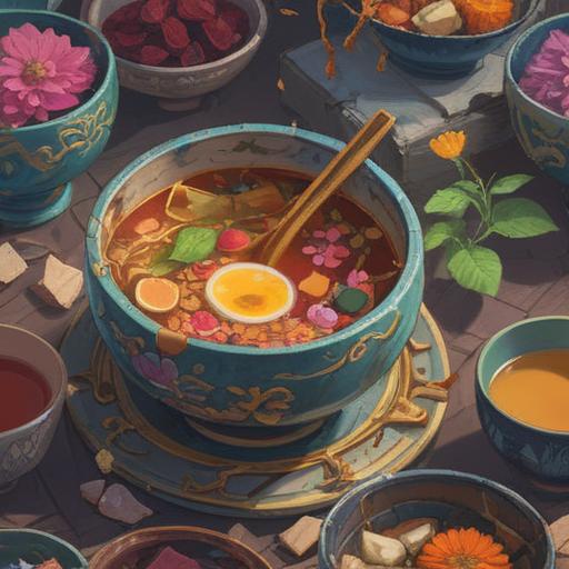 A broken tea bowl symbolizing positive change, fragments arranged artistically, light shining through the cracks, vibrant flowers growing from broken pieces, a serene garden backdrop, soft sunlight illuminating the scene, harmony and renewal, inspirational atmosphere, 4k