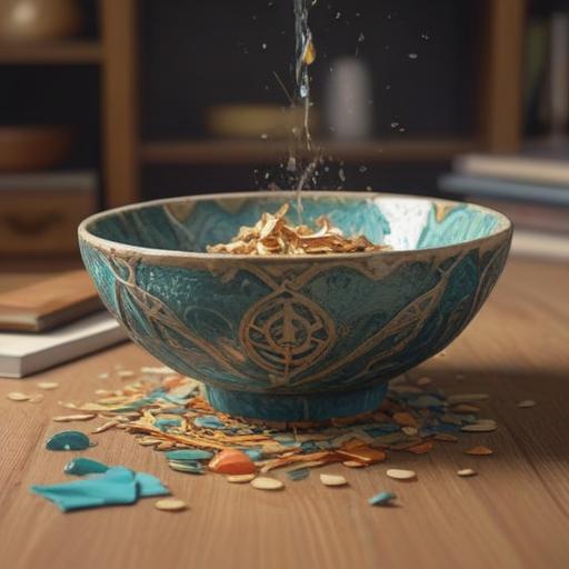 A symbolic representation of a ceramic bowl shattering, spiritual awakening, intricate fragments spreading in a beautiful pattern, soft light illuminating the scene, reflecting emotions of loss and renewal, delicate colors blending together, serene and meditative atmosphere, 4k