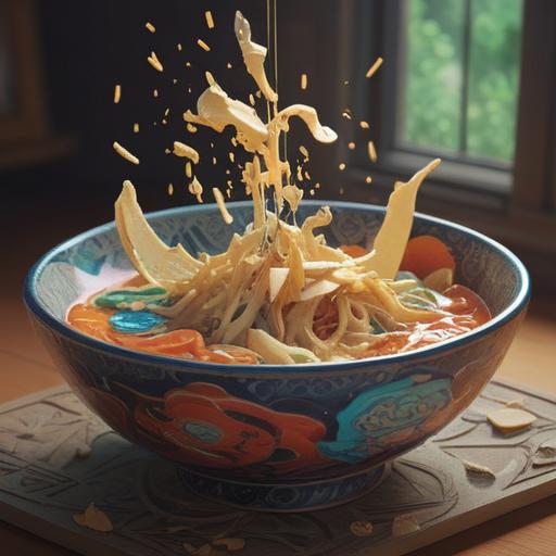 A ceramic bowl shattering into pieces, ethereal light emerging from the fragments, symbolizing spiritual awakening, serene atmosphere, harmonious colors, subtle hints of nature surrounding the scene, uplifting energy radiating from the cracks, 4k