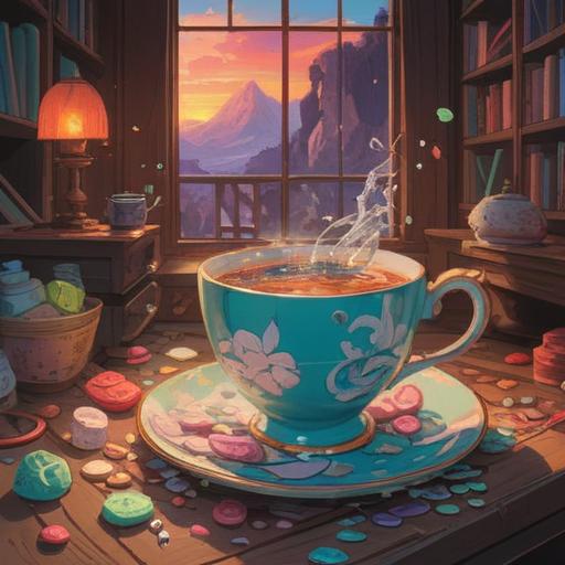 A broken teacup revealing hidden lucky charms, detailed close-up, vibrant colors, a magical glow emanating from the shards, traditional Japanese elements, intricate patterns on the teacup, sense of mystery and wonder, enchanting atmosphere, 4k
