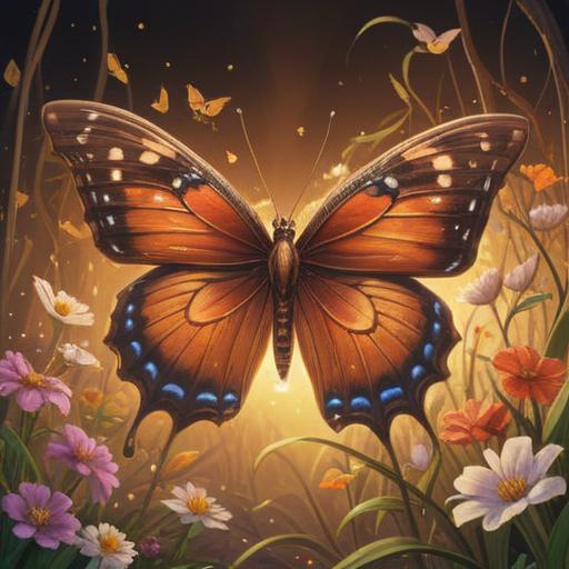 A brown butterfly symbolizing transformation and spiritual growth, surrounded by ethereal light, gentle nature scene, harmonious balance, blooming flowers and soft foliage, mystical atmosphere, delicate details, 4k