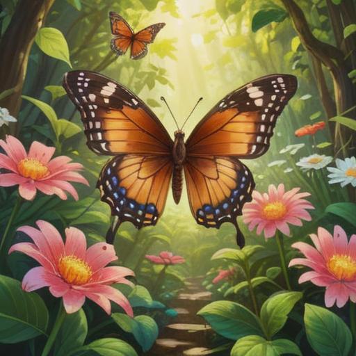 A tranquil scene depicting a brown butterfly gracefully landing on a blooming flower, sunlight filtering through the leaves, a serene garden with soft greenery, symbolic elements representing spiritual awakening, gentle movements, peaceful atmosphere, vibrant colors, detailed textures, 4k
