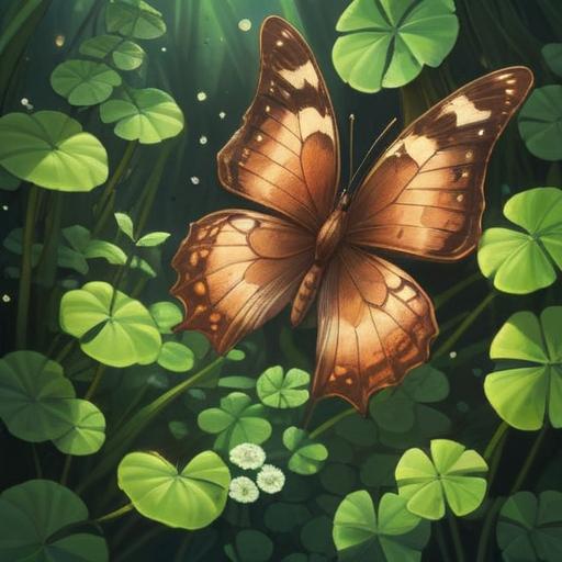 A serene scene featuring a brown butterfly gently fluttering above a small, sparkling four-leaf clover, sunlight filtering through leaves creating a magical glow, lush green grass surrounding, a sense of tranquility and fortune, soft focus to enhance the dreamy atmosphere, vibrant colors, detailed natural elements, warm and inviting ambiance.