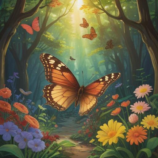 A serene scene featuring a brown butterfly gently fluttering through a sunlit garden, surrounded by vibrant flowers, carrying a piece of delicate paper with an uplifting message, soft sunlight filtering through the leaves, tranquil atmosphere, nature's beauty, life and positivity, 4k