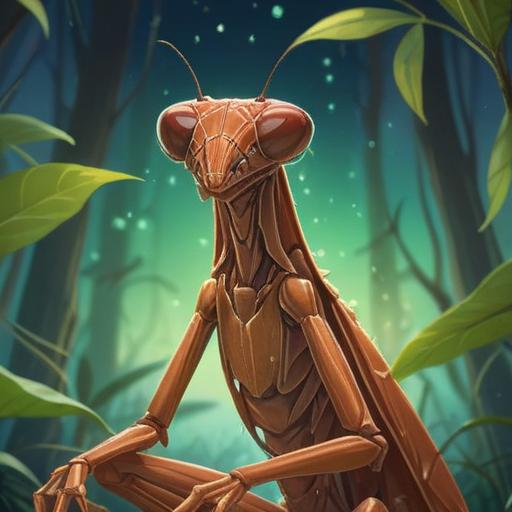A mystical brown praying mantis, symbolizing spiritual growth and transformation, surrounded by ethereal light, vibrant nature background, depicting enlightenment and awareness, intricate details of the mantis' texture, serene atmosphere, harmonious colors, 4k