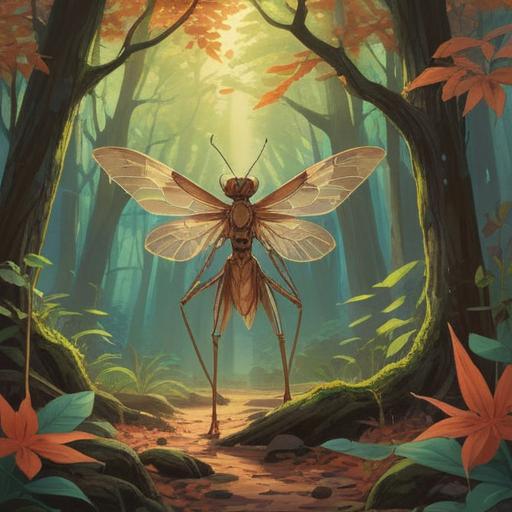 A brown mantis symbolizing spiritual good signs, serene nature setting, ethereal light filters through the leaves, tranquil and harmonious atmosphere, intricate details on the mantis, vibrant greenery, subtle mystical elements, 4k