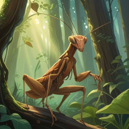A brown praying mantis appearing, significant spiritual sign, focus on its unique features, serene natural setting, soft light filtering through leaves, calm atmosphere, highlighting the mystical connection, detailed texture of the mantis, symbolic representation, insight into the spiritual realm, nature's guidance, 4k