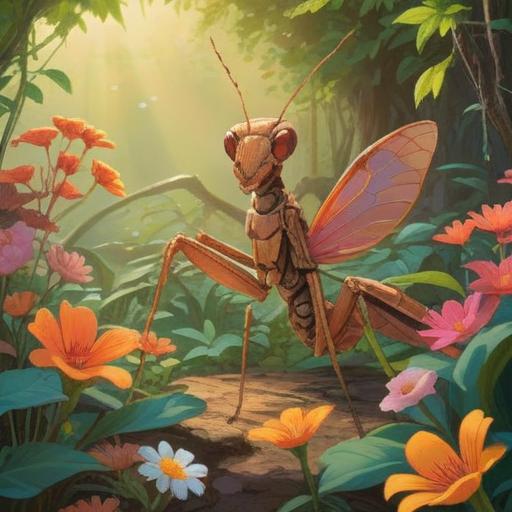 A brown mantis in a vibrant garden, symbolizing good luck, colorful flowers surrounding it, sunlight filtering through the leaves, a feeling of harmony and fortune, detailed textures on the mantis, optimistic atmosphere, 4k