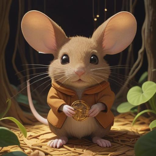 A brown mouse representing spiritual meaning, symbolism of intuition and resourcefulness, nestled in a serene natural setting, surrounded by soft light and gentle foliage, embodying tranquility and wisdom, intricate details of the mouse's fur, peaceful atmosphere, 4k