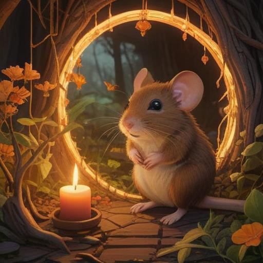 A brown mouse symbolizing spiritual good omens, serene setting, gentle ambiance, surrounded by glowing symbols of positivity, nature backdrop, lush greenery, soft light filtering through leaves, harmonious energy, detailed depiction of the mouse, peaceful and uplifting atmosphere, 4k