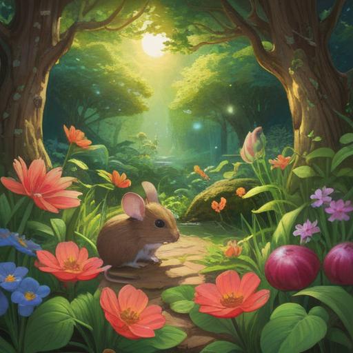 A brown mouse encountered in a tranquil garden, surrounded by vibrant flowers and lush greenery, vibrant sunlight filtering through leaves, a sense of fortune and luck radiating from the scene, whimsical elements like four-leaf clovers and sparkling light, charming and enchanting atmosphere, playful interactions with other small animals, 4k