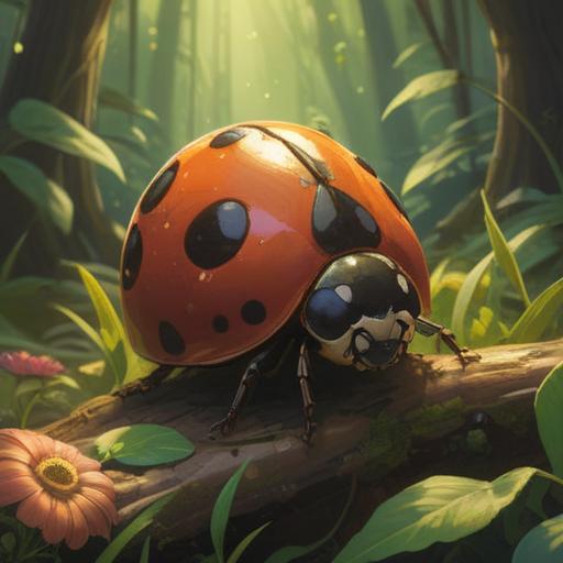 A mystical scene featuring a brown ladybug, vibrant natural surroundings, symbolizing transformation and protection, serene atmosphere, soft rays of sunlight filtering through leaves, intricate details on the ladybug's shell, harmonious blend of colors, gentle breeze, 4k