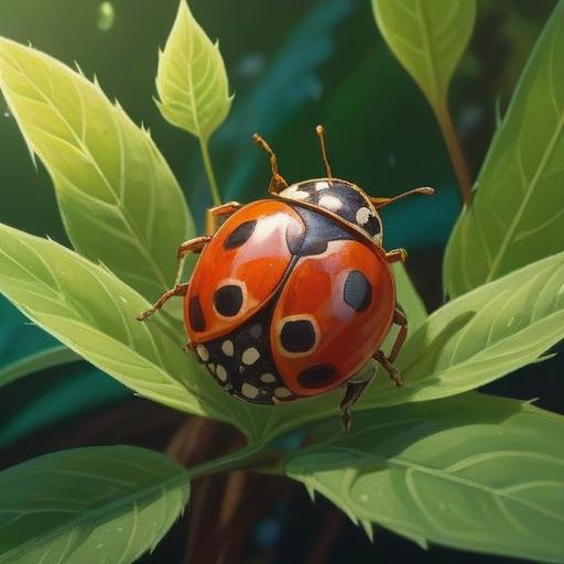 A brown ladybug perched on a vibrant green leaf, embodying spiritual harmony, surrounded by glowing light orbs, symbolizing positive vibes and good fortune, displaying intricate patterns on its shell, gentle sunlight filtering through a lush garden, conveying a sense of peace and enlightenment, 4k