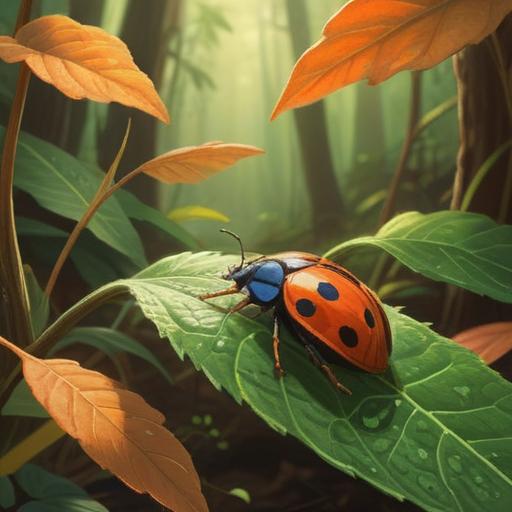 A brown ladybug appearing on a leaf, symbolizing a spiritual message, serene nature setting, gentle sunlight filtering through trees, delicate details on the ladybug, lush green surroundings, tranquil atmosphere, vibrant colors, meaningful connection with nature, 4k
