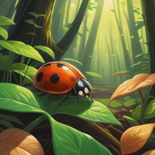 A brown ladybug on a vibrant green leaf, sunlight filtering through the trees, representing good fortune, surrounded by small shining symbols of lucky numbers, whimsical atmosphere, nature-inspired setting, bright and cheerful colors, 4k