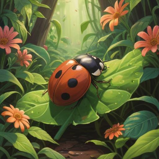 A brown ladybug delivering a special message, lush green leaves surrounding, soft sunlight filtering through, serene garden setting, vibrant colors, detailed texture on the ladybug's shell, gentle breeze creating a dynamic scene, whimsical atmosphere, enchanting storybook style, 4k
