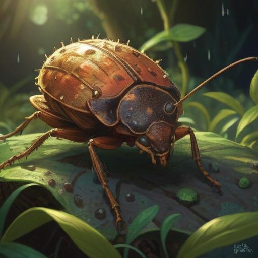 A brown stink bug representing spiritual significance, intricate details showcasing its unique features, natural habitat setting, ethereal lighting, symbolism of transformation and protection, serene atmosphere, 4k