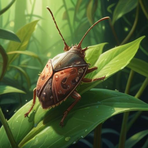 A brown stink bug sitting on a vibrant green leaf, surrounded by a soft, glowing light, symbolizing spiritual guidance, intricate details on the bug’s texture, serene nature background, gentle sunlight filtering through the trees, peaceful and mystical atmosphere, 4k