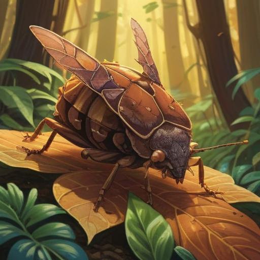 A brown stink bug sitting on a leaf, surrounded by vibrant foliage, symbolic representation of spiritual signs, sunlight filtering through the trees, serene atmosphere, nature's wisdom, intricate details, vivid colors, 4k