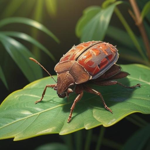 A brown stink bug sitting on a leaf, surrounded by vibrant greenery, a shimmering lucky stone glowing softly beside it, sunlight filtering through the trees, creating a magical atmosphere, intricate details capturing the bug's texture, serene nature scene, 4k