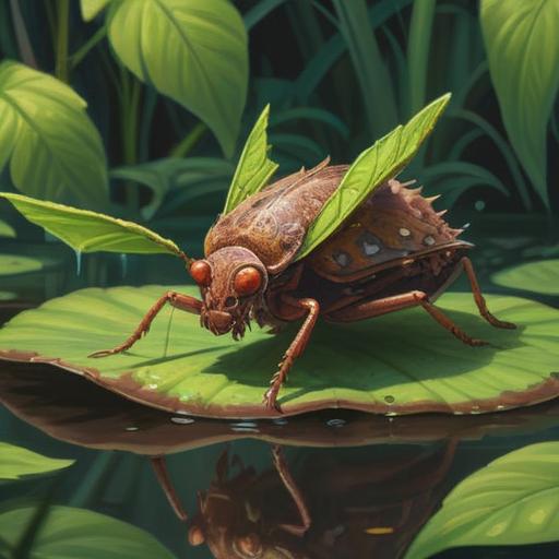 A close-up view of a brown stink bug on a leaf, reflecting in a calm pond nearby, vibrant green foliage surrounding, the sun casting gentle light, serene atmosphere, intricate details of the bug's texture, peaceful nature scene, high resolution