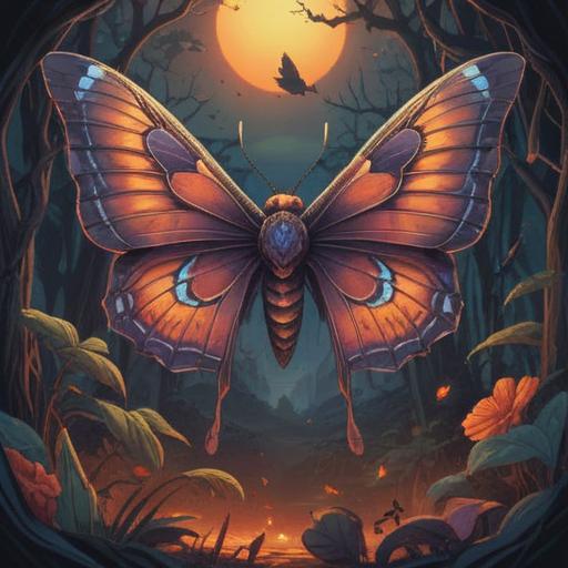 A large moth appearing at dusk, representing a spiritual sign, mystical atmosphere, soft glowing light surrounding the moth, a silhouette of a person observing in awe, nature setting with trees and moonlight, vivid details in the moth's wings showcasing intricate patterns, serene and contemplative mood, 4k