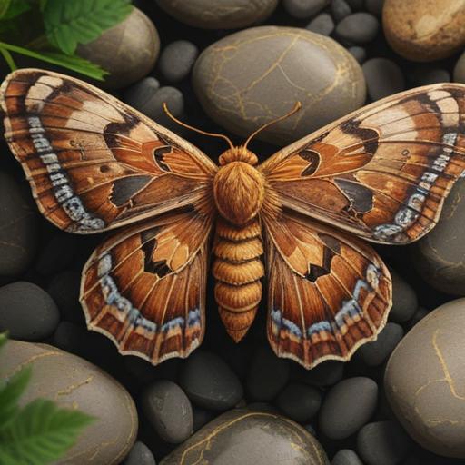 A close-up of a brown moth resting gently on a lucky stone, intricate details of the moth's wings, soft ambient light casting gentle shadows, nature setting with subtle greenery in the background, a sense of tranquility and fortune, mystical atmosphere, 4k
