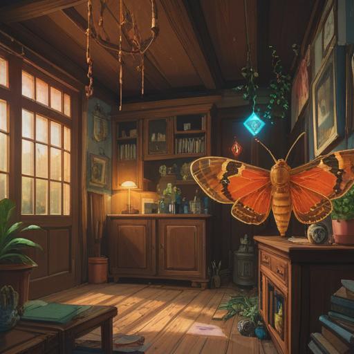 A brown moth entering a house, symbolizing spiritual signs, peaceful indoor atmosphere, subtle lighting, various household items in the background, gentle reminder of intuition, cultural symbolism of moths, detailed depiction of the moth’s wings, 4k