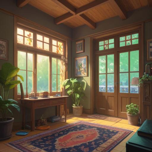 A brown moth fluttering into a cozy home, warm and inviting interior, sunlight streaming through the window, a small green stone glowing softly on the table, contrasting colors of earthy browns and vibrant greens, delicate moth wings in focus, serene atmosphere, enchanting moment, 4k