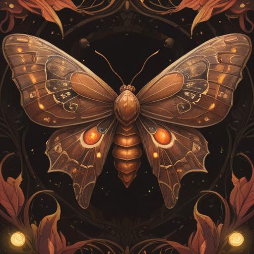A mystical and ethereal representation of a brown moth, surrounded by soft glowing lights, symbolizing spiritual transformation and guidance, intricate patterns on its wings, delicate and detailed close-up, serene and tranquil atmosphere, nature-inspired elements, 4k