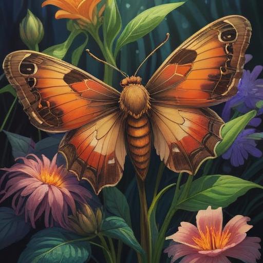 A brown moth perched on a vibrant flower, symbolizing spiritual guidance, mystical energy surrounding it, ethereal light illuminating the scene, lush greenery in the background, tranquil atmosphere, representing transformation and change, 4k