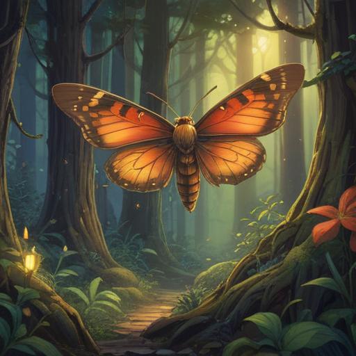A brown moth appearing at twilight, symbolizing spiritual awakening, mystical forest setting, ethereal light filtering through trees, gentle breeze rustling leaves, serene atmosphere, intricate details on moth wings, reflective surface of nearby water, sense of calm and introspection, 4k