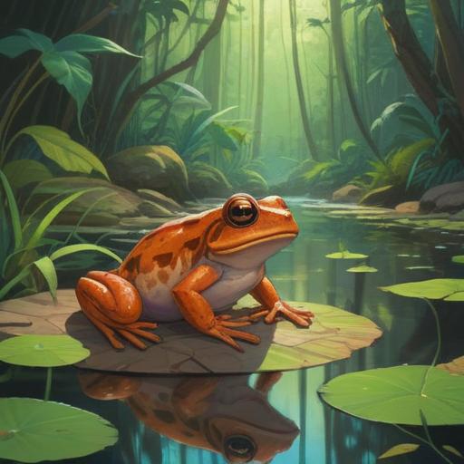 A brown frog symbolizing spiritual good signs, serene natural setting, lush greenery, gentle sunlight filtering through leaves, calm water reflection, harmonious atmosphere, vibrant colors, nature-inspired composition, emphasizing tranquility and positive energy