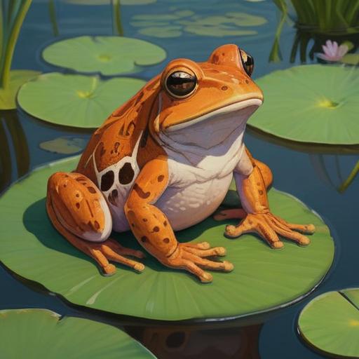 A brown frog sitting on a lily pad in a serene pond, surrounded by lush greenery, reflecting calm waters, symbolizing spiritual awakening, mystical atmosphere, vibrant natural colors, serene facial expressions, a hint of sunlight filtering through the leaves, 4k
