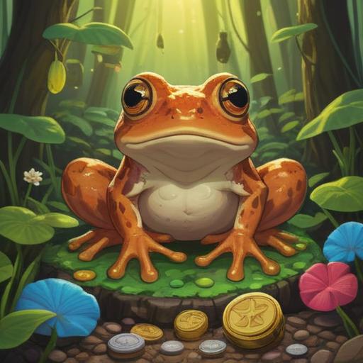 A whimsical illustration of a brown frog surrounded by lucky items, including four-leaf clovers, shiny coins, and vibrant gemstones, set in a lush green forest, soft sunlight filtering through the trees, cheerful and magical atmosphere, enchanting details, 4k
