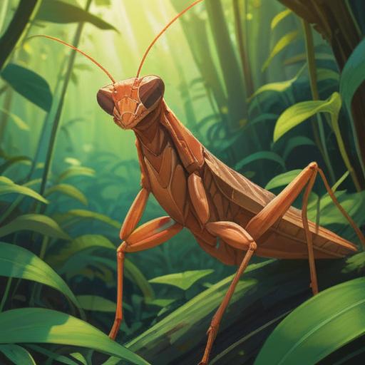 A brown praying mantis symbolizing spiritual transformation, serene surroundings, lush greenery in the background, gentle sunlight filtering through the leaves, a sense of calm and introspection, intricate details on the mantis, accentuating its unique features, harmonious balance in nature, tranquil atmosphere, 4k