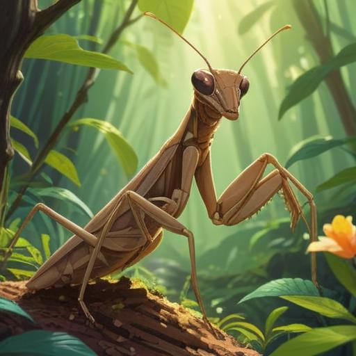 A brown praying mantis symbolizing spiritual good signs, serene nature background, sunlight filtering through leaves, gentle breeze, vibrant green foliage, mystical aura, soft focus highlighting the mantis, peaceful and harmonious atmosphere, intricate details on the mantis, 4k