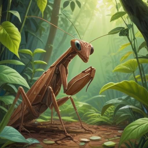 A brown praying mantis appearing in a serene garden, vibrant green foliage, gentle sunlight filtering through the leaves, a sense of calm and awareness, spiritual energy radiating from the mantis, symbolic presence inviting introspection, mystical atmosphere, nature's harmony, 4k