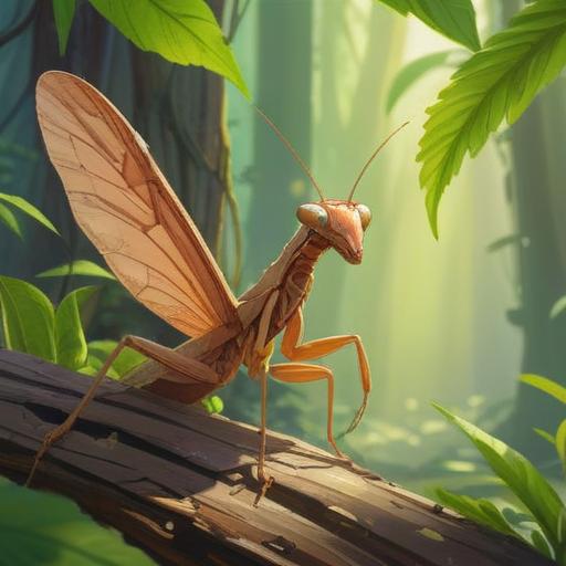 A brown praying mantis resting on a vibrant green leaf, sunlight filtering through the trees, a sense of tranquility in the air, shimmering lucky items such as a four-leaf clover and a small golden coin nearby, intricate details of the mantis's body, lush natural background, warm and inviting atmosphere, 4k
