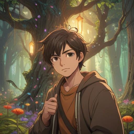 A person wearing brown clothing, surrounded by ethereal light, peaceful expressions, spiritual symbols glowing softly, nature setting with trees and flowers, warm and inviting atmosphere, harmonious energy radiating, detailed background, 4k