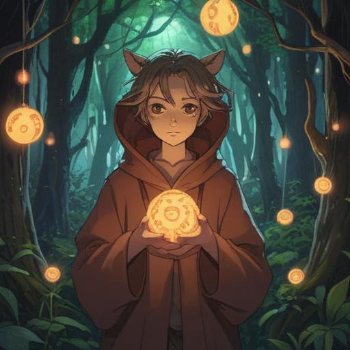 A mystical scene depicting a person in brown clothing, surrounded by ethereal symbols, glowing orbs of light, a serene forest backdrop, subtle spirit animals appearing in the shadows, a sense of tranquility and awareness, soft sunlight filtering through the trees, rich colors, intricate details, spiritual energy emanating, inviting atmosphere, 4k