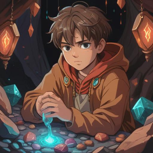 A charming illustration of a person wearing brown clothing, surrounded by various lucky stones, mystical aura, detailed textures of the stones, warm earthy colors, nature-inspired background, positive energy, serene expression, enchanting atmosphere, 4k