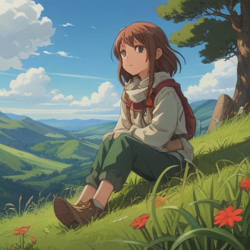 A serene scene depicting a character dressed in earthy tones, sitting cross-legged on a grassy hillside, surrounded by gentle sunlight filtering through trees, meditative expression, elements of nature like flowers and river nearby, symbols of spiritual wisdom such as mandalas and crystals around, harmonious color palette, tranquil atmosphere, 4k