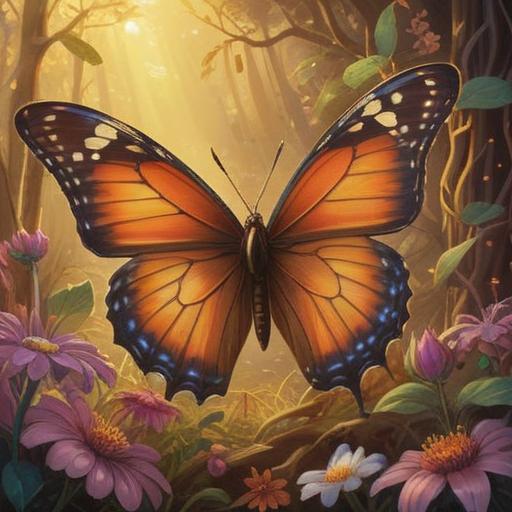 A brown butterfly resting on a vibrant flower, symbolizing transformation and spiritual awakening, surrounded by ethereal light, soft textures, intricate details, serene nature setting, gentle colors, mystical atmosphere, harmony with nature