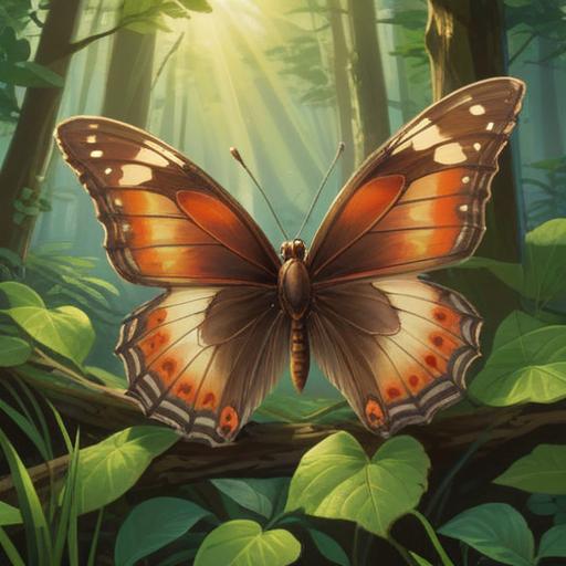 A serene forest scene, a brown butterfly resting on a leaf, soft sunlight filtering through leaves, subtle spiritual symbols in the background, tranquil atmosphere, connection to nature, signs of transformation and spiritual awakening, 4k