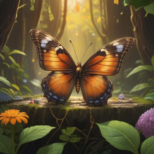 A serene landscape featuring a beautiful brown butterfly perched on a piece of lucky jewelry, sunlight illuminating the intricate details of the jewelry, lush green background, a feeling of hope and good fortune, ethereal and enchanting atmosphere, vibrant colors, 4k