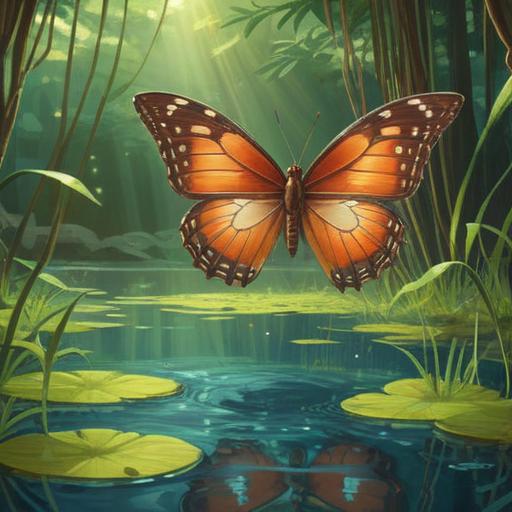 A serene scene depicting a brown butterfly gracefully landing on a tranquil pond, gentle ripples in the water, sunlight filtering through lush green trees, a person sitting cross-legged on the shore, eyes closed in reflection, surrounded by nature, symbolizing inner peace and emotional clarity, soft focus, harmonious colors, 4k