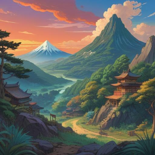 A serene mountain landscape featuring Tsukuba Mountain, mystical aura enveloping the peak, lush greenery and vibrant flora, traditional Japanese elements, reflections in a calm lake, ethereal light breaking through the clouds, a sense of tranquility and spirituality, 4k