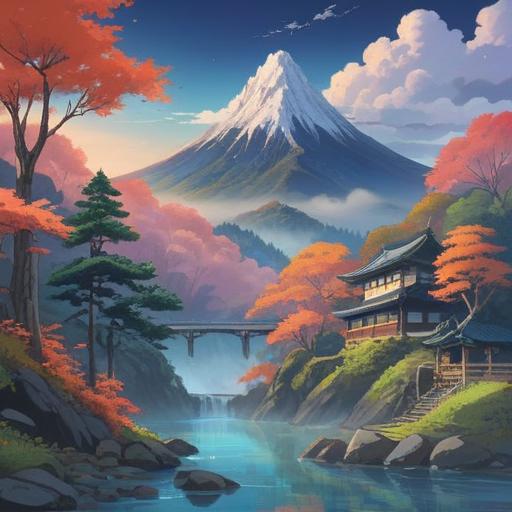A serene landscape featuring Mount Tsukuba, ethereal mist surrounding the peak, vibrant nature flourishing, a gentle stream flowing nearby, soft light filtering through the trees, harmonious atmosphere, spiritual symbols subtly integrated, tranquil meditation scene, 4k